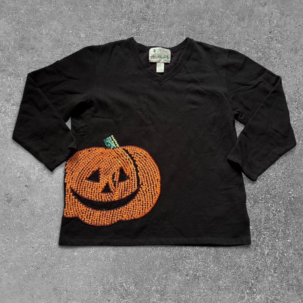 Quacker Factory Womens Black Halloween Sequin Pumpkin V-Neck Top Large A69912